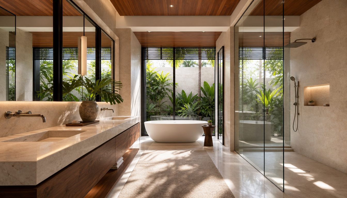 Primary bathroom with a freestanding soaking tub, marble double vanity, and a shower enclosed in glass facing a private interior garden