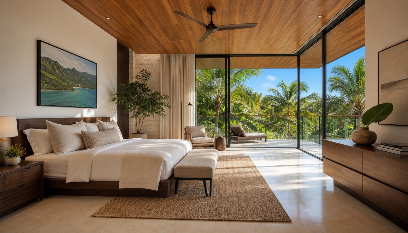 Primary bedroom with a walnut bed frame, ocean view artwork, and glass doors opening onto a private terrace shaded by palms