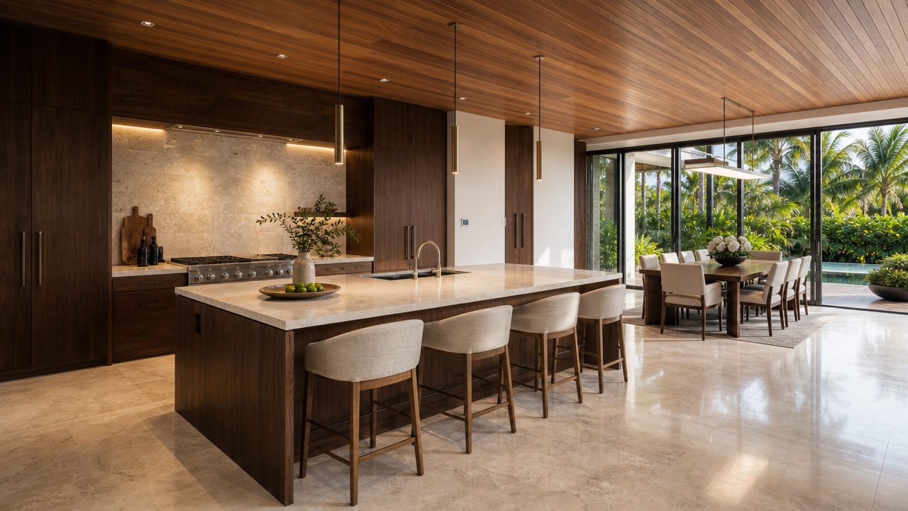 Kitchen with a book matched stone island, walnut cabinetry, and pendant lighting overlooking the dining area and pool beyond
