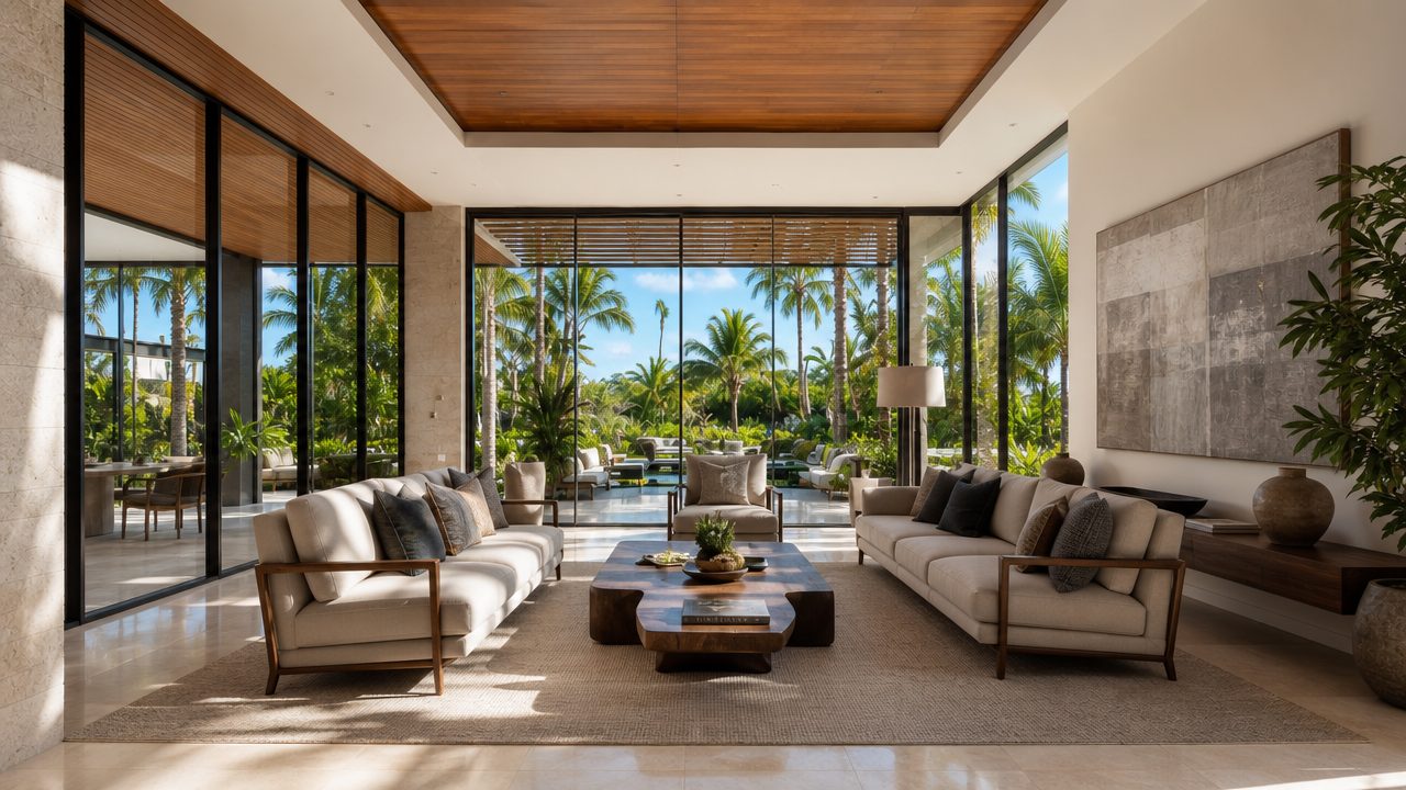 Living room with floor to ceiling glass walls, linen sofas, and a walnut coffee table, opening onto a garden lined with palms
