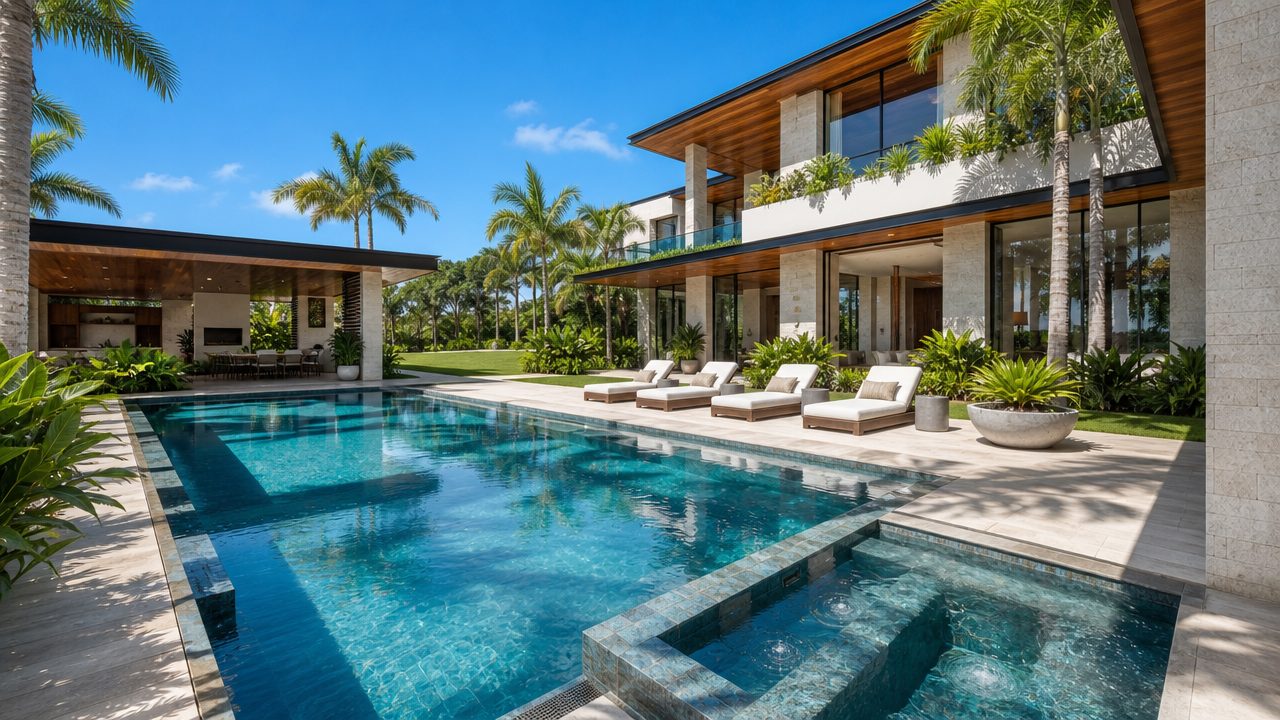 Sculpted swimming pool and spa lined with lounge chairs, framed by mature palms and the residence's facade with its timber eaves